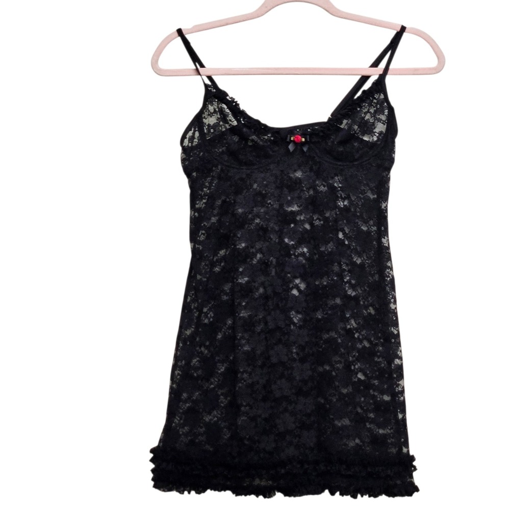Chemise M Black Babydoll Sheer Floral Lace Rosette Lingerie Slip Y2k Fairy Indie